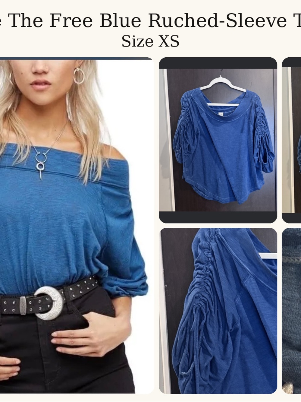 We The Free Blue Off-Shoulder Ruched-Sleeve Tunic